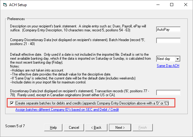 ACH Setup Wizard Screen 5 sep debit and credit