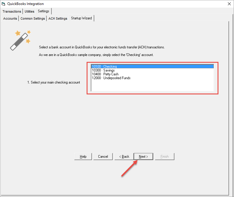 QuickBooks integration select account
