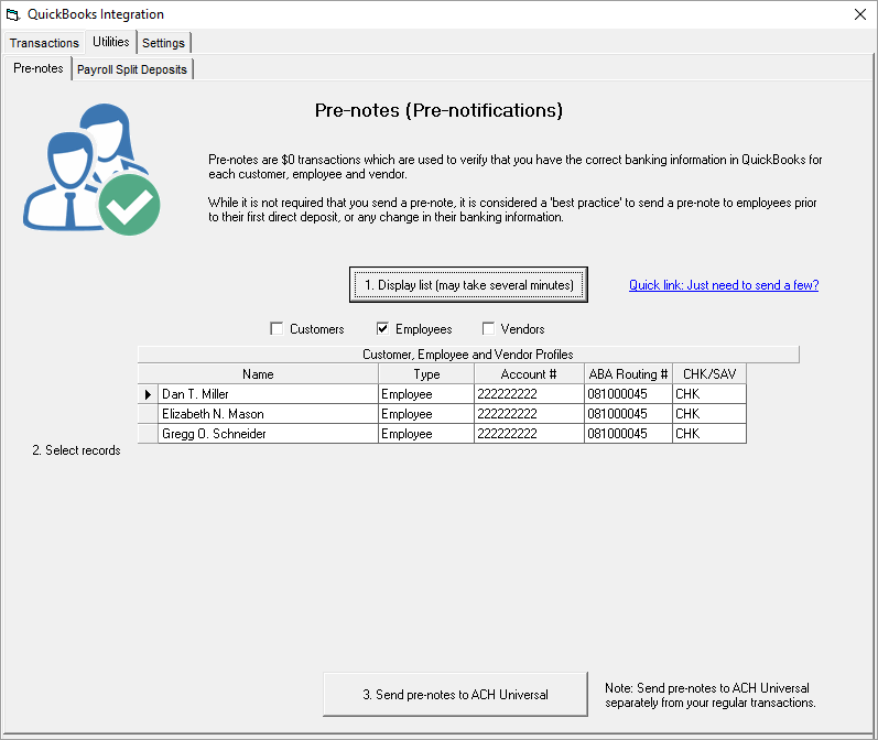 QB integration prenote employees