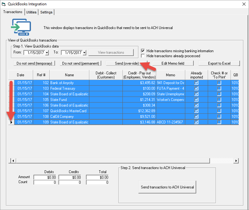 QuickBooks send over ride