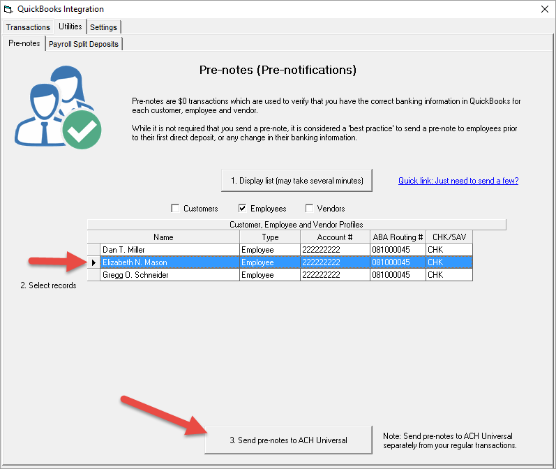 QB integration prenote employee selection