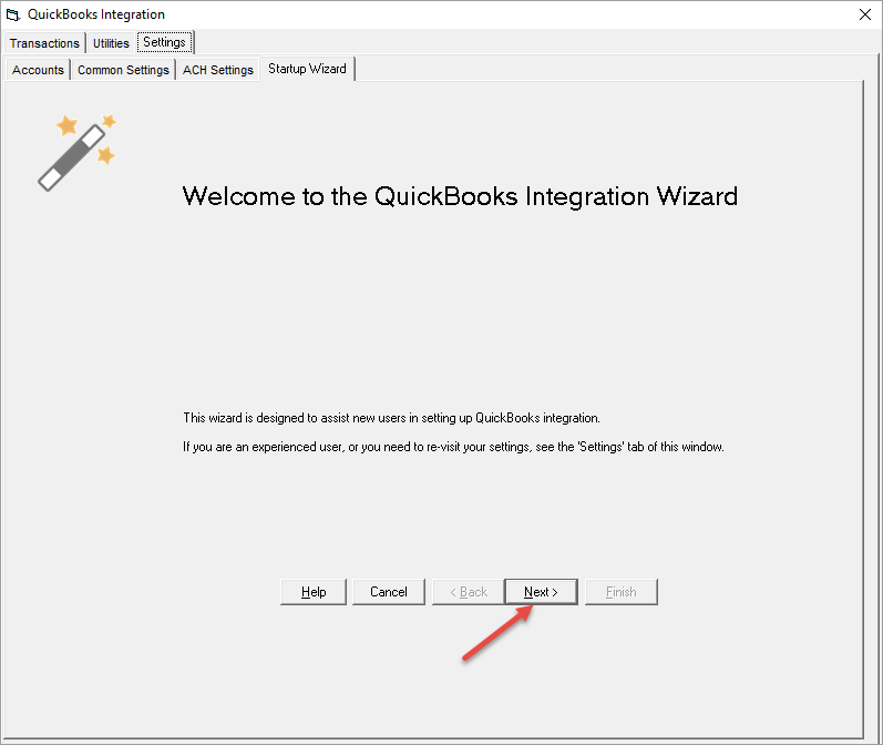 QuickBooks integration Wizard window