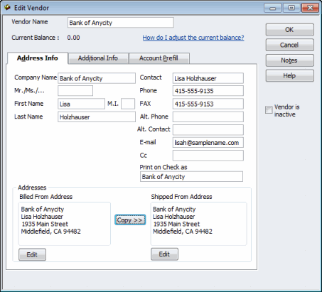 QuickBooks Vendor Profile QuickBooks Vendor Profile