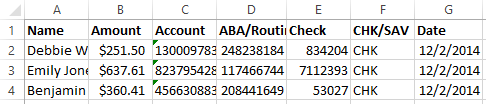 Sample Excel data