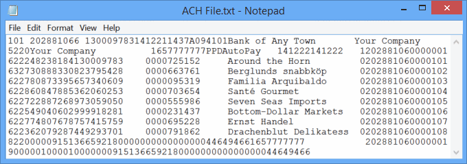 Example of an ACH file created with ACH Universal