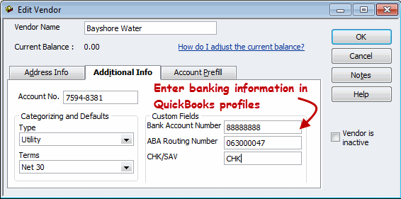 Vender profile setup for ACH Payments in QuickBooks