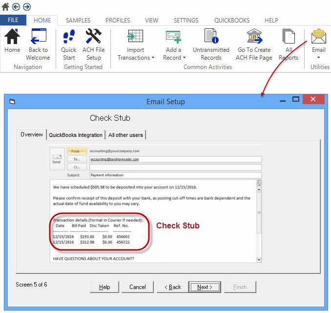 Emailing remittance information from ACH File Software