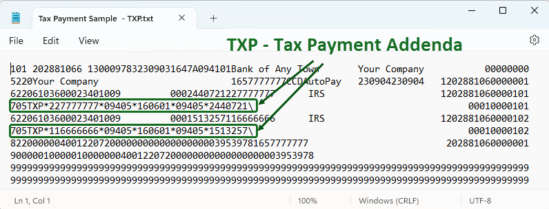 ACH Tax Payment example file with TXP records