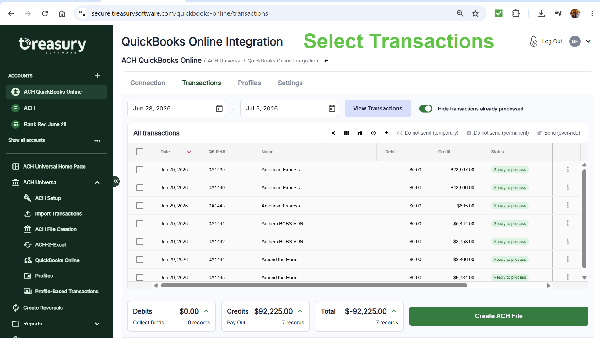 Select ACH transactions from QuickBooks Online