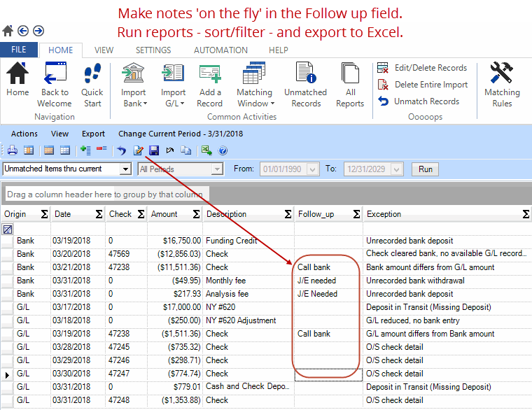 Bank Reconciliation Form Exception Notes