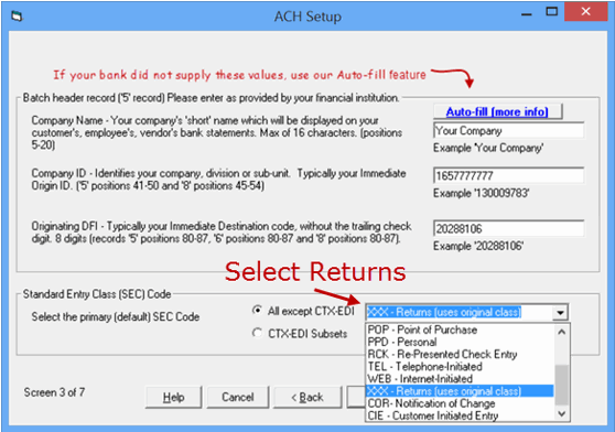 ACH returns setup