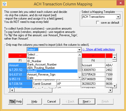 ACH Column Mapping screen