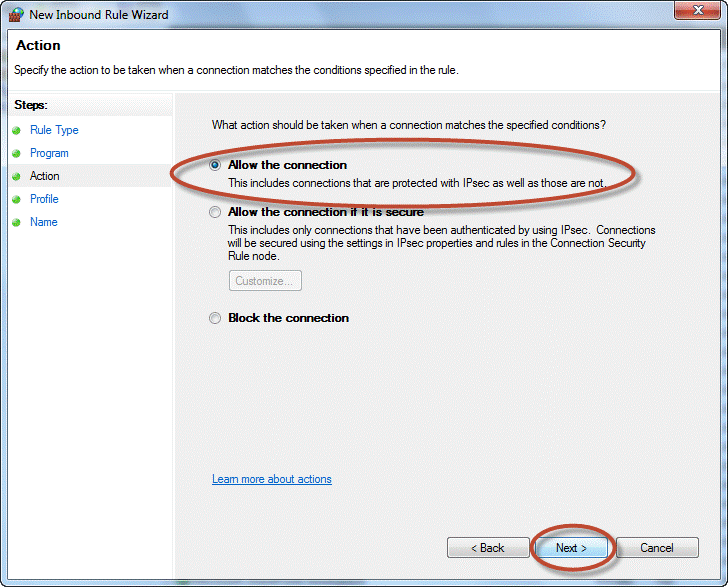 Windows firewall connection